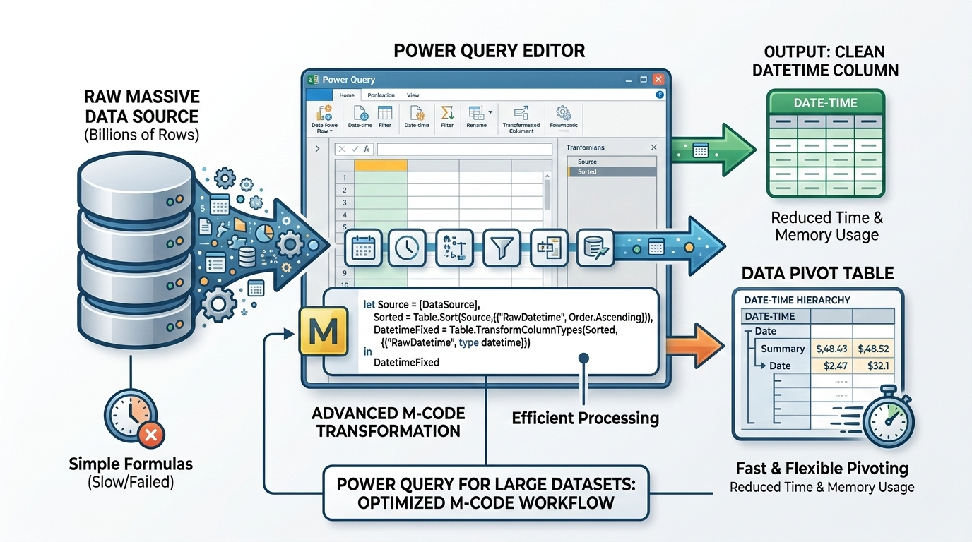 流程图：原始海量数据源 → 进入Power Query Editor → 应用M代码转换 → 输出干净的Datetime列用于数据透视表。