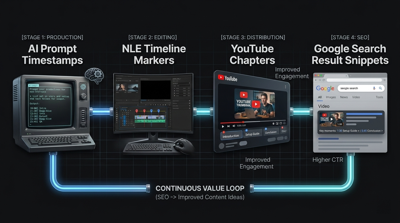 A flow diagram: [AI Prompt Timestamps] -> [NLE Timeline Markers] -> [YouTube Chapters] -> [Google Search Result Snippets].