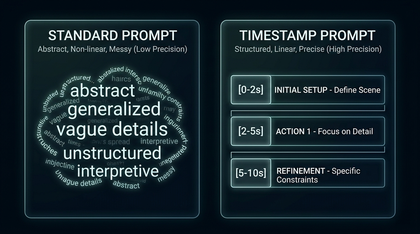 Split screen: Left side shows a messy cloud of text labeled 'Standard Prompt'; Right side shows a clean, linear timeline with blocks [0-2s], [2-5s] labeled 'Timestamp Prompt'.