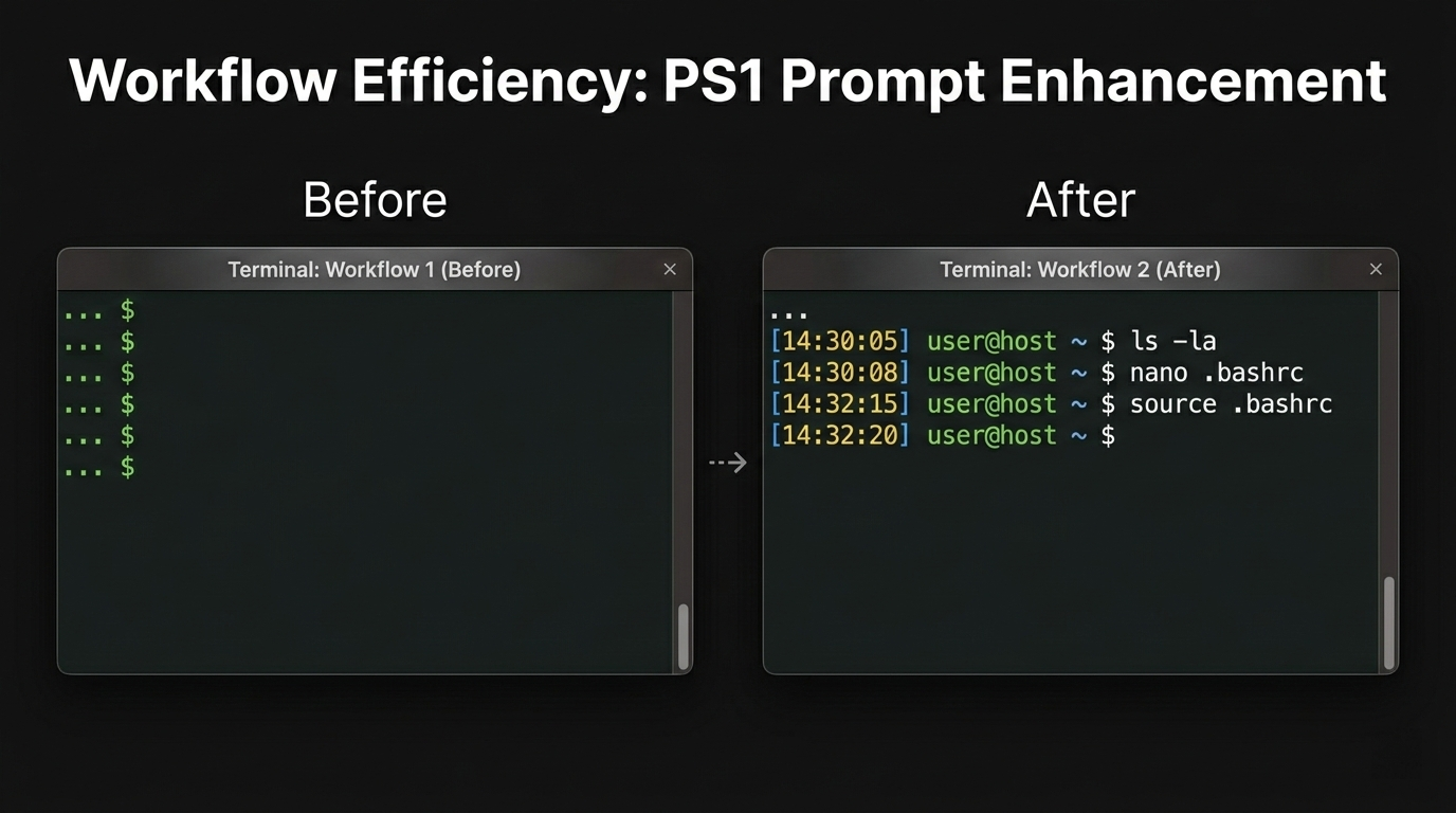 A comparison of two terminal windows: one with just '$' prompts, and another showing '[14:30:05] user@host ~ $' to highlight time tracking.