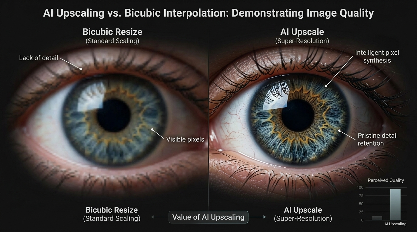To demonstrate the value of AI upscaling compared to traditional bicubic/standard scaling.