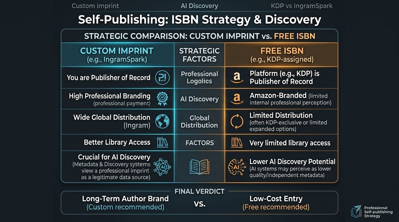 A clean comparison table/infographic highlighting 'Custom' (Better AI discovery, library access) vs. 'Free' (Limited distribution, Amazon-branded).