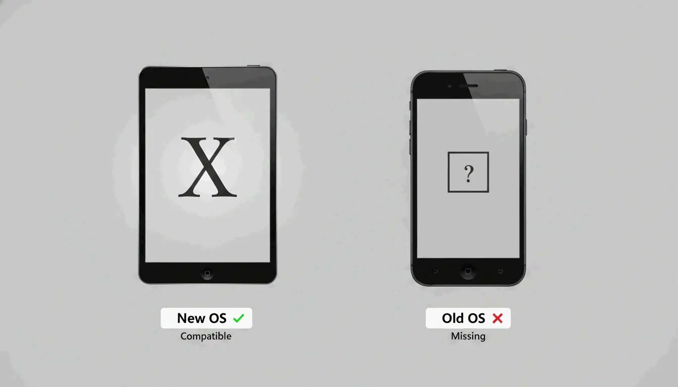 Concept diagram comparing a fancy character rendered correctly on a new device versus showing as a square on an old device, highlighting compatibility issues