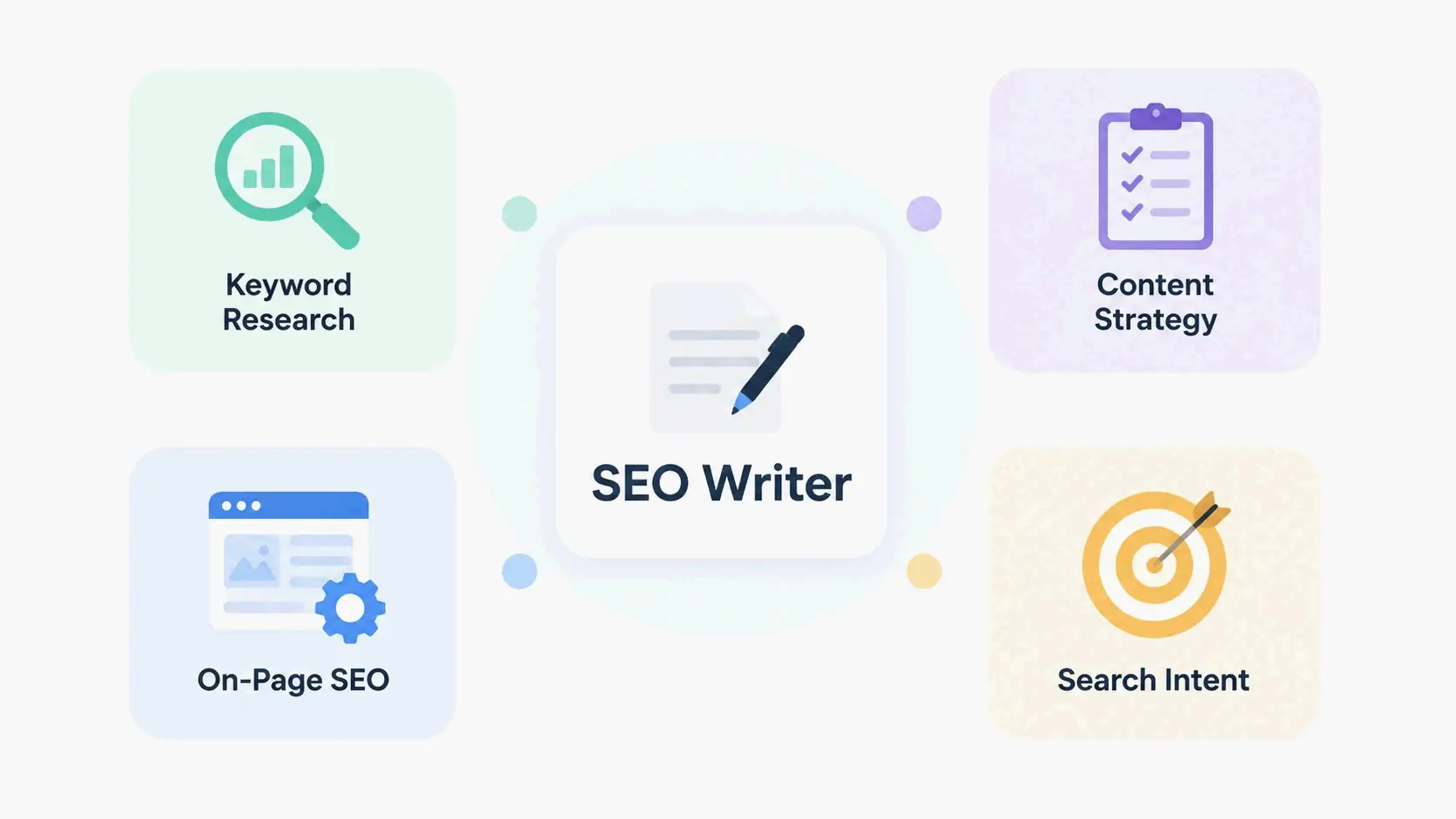 Four foundational pillars of SEO Writer: Keyword Research, Content Strategy, On-Page SEO, Search Intent
